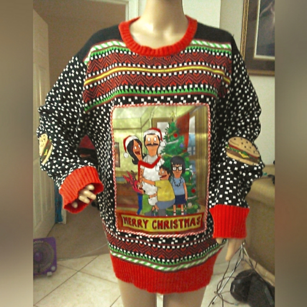 LIGHTS UP BOBS BURGERS Festive Christmas Sweater with Cartoon Print